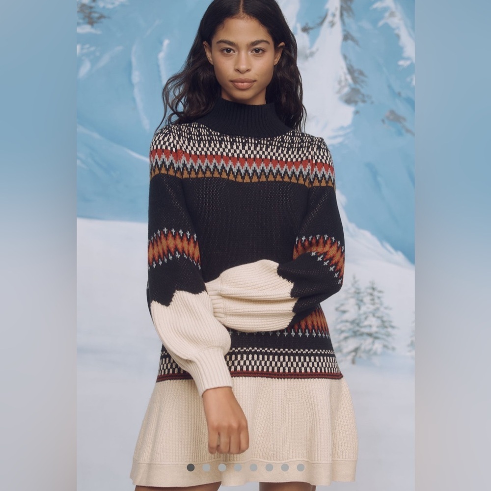 Anthropologie Black and Cream Cowl Neck Sweater with Nordic Pattern